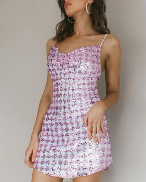 Glittering Purple Sequin Mini Dress - Image 4