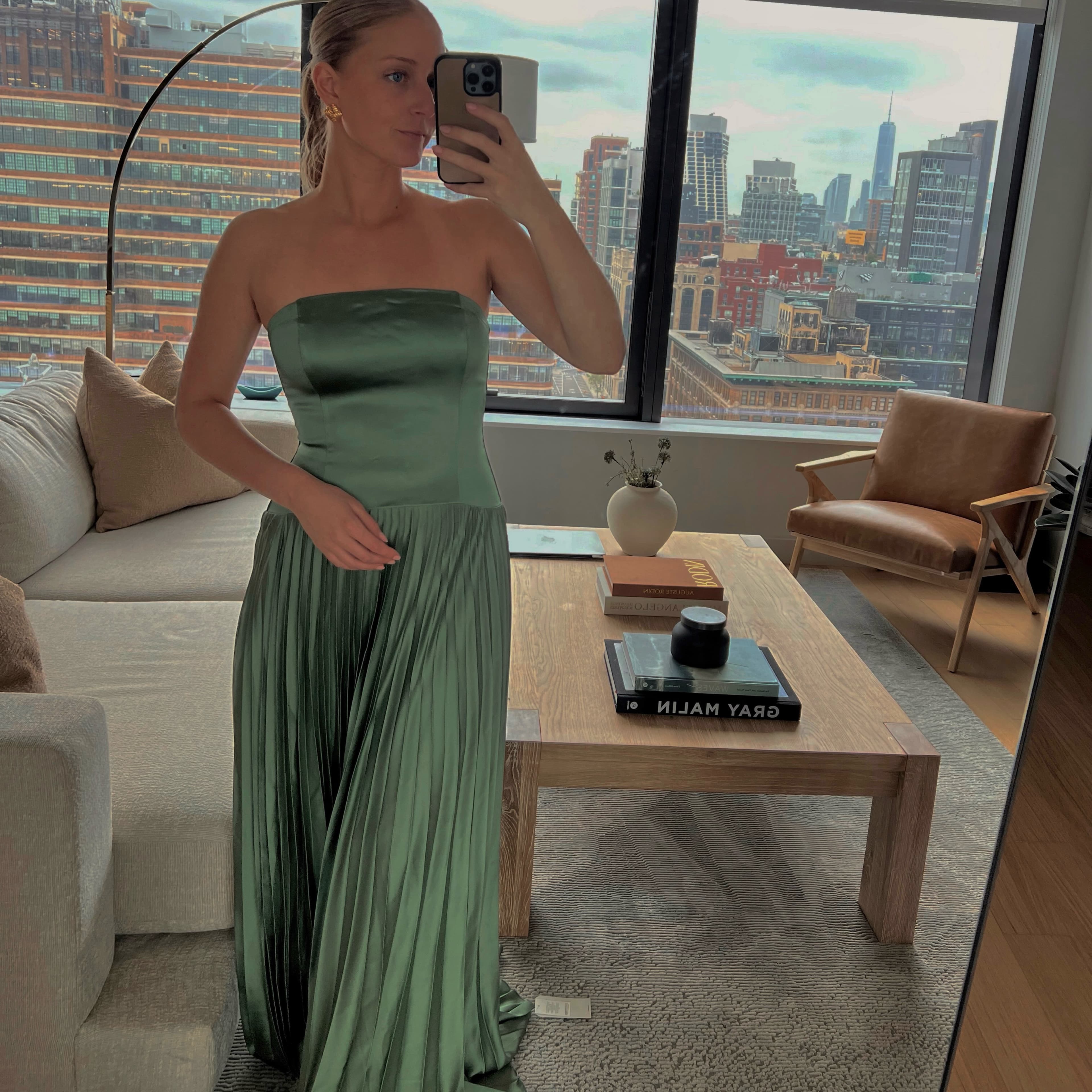 Green Drop Waist Pleated Gown - Image 1