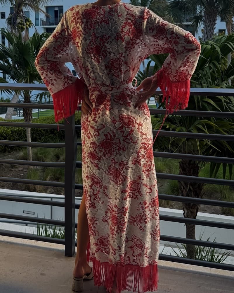 Red And White Fringe Kimono Coverup - Image 2