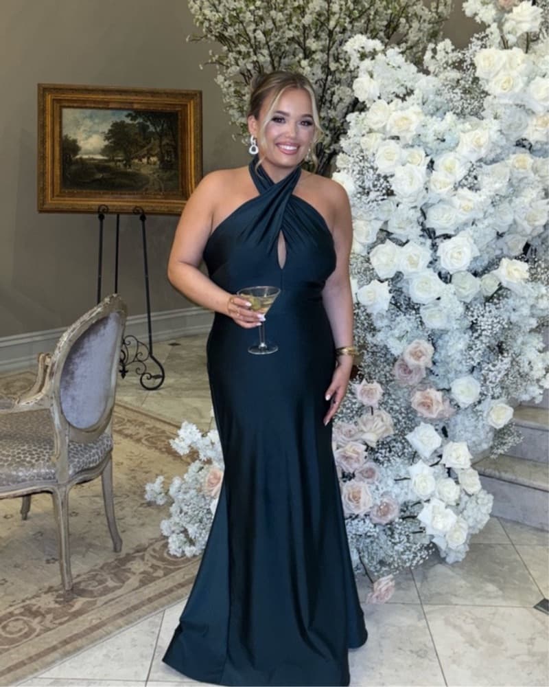 Dessy Halter Stretch Satin Gown - Image 1