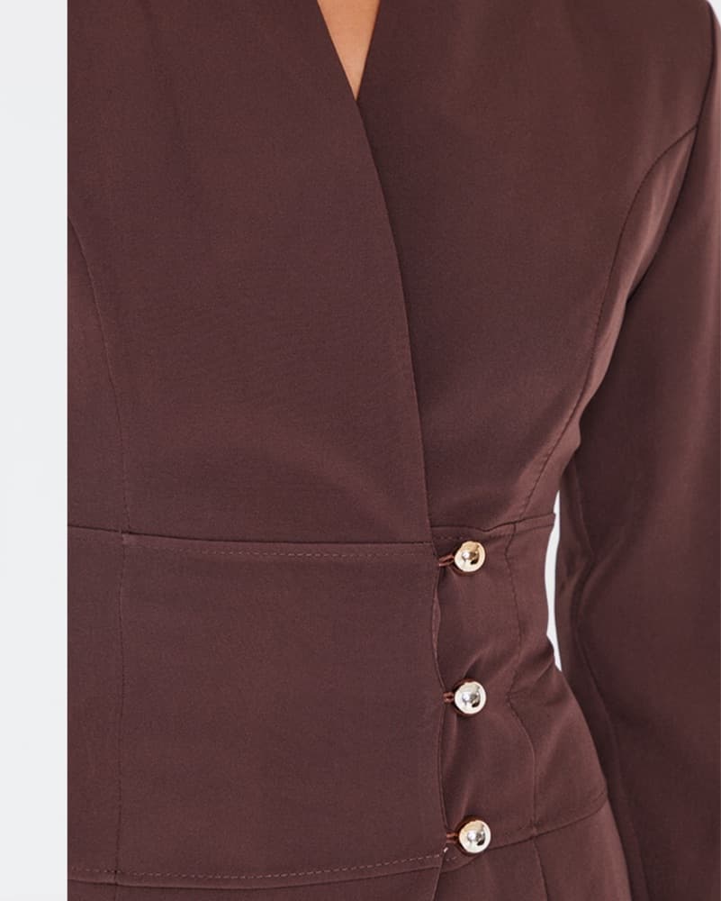 PLT CHOCOLATE WOVEN BUTTON DETAIL BLAZER - Image 4