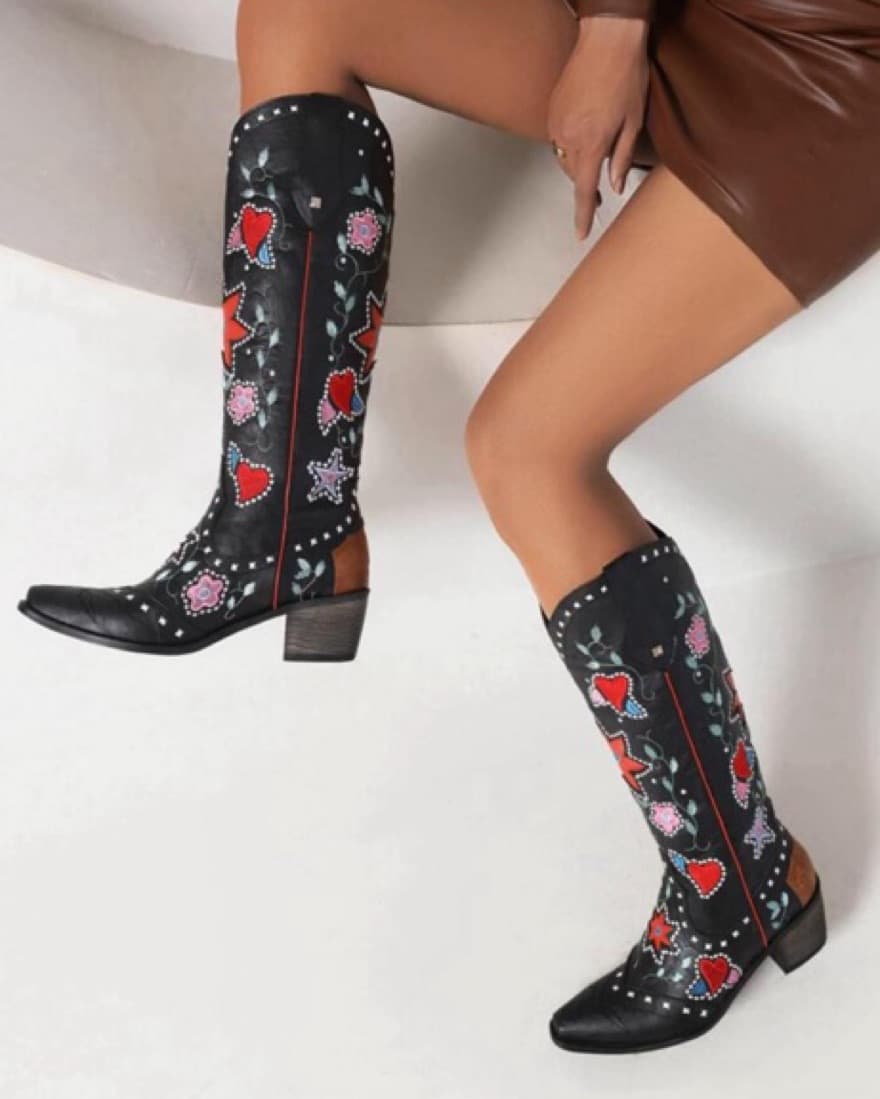 Black Embroidered Cowgirl Boots - Image 1