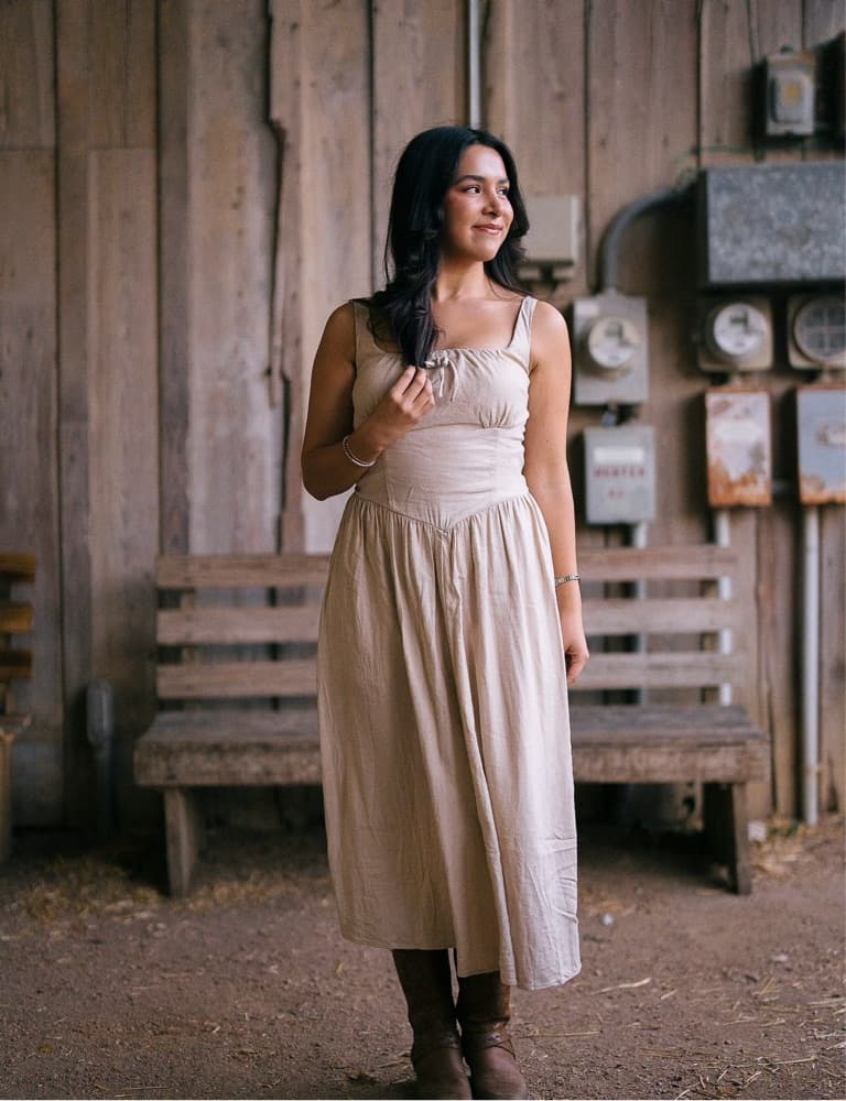 Tan Linen Basque Waist Dress - Image 3