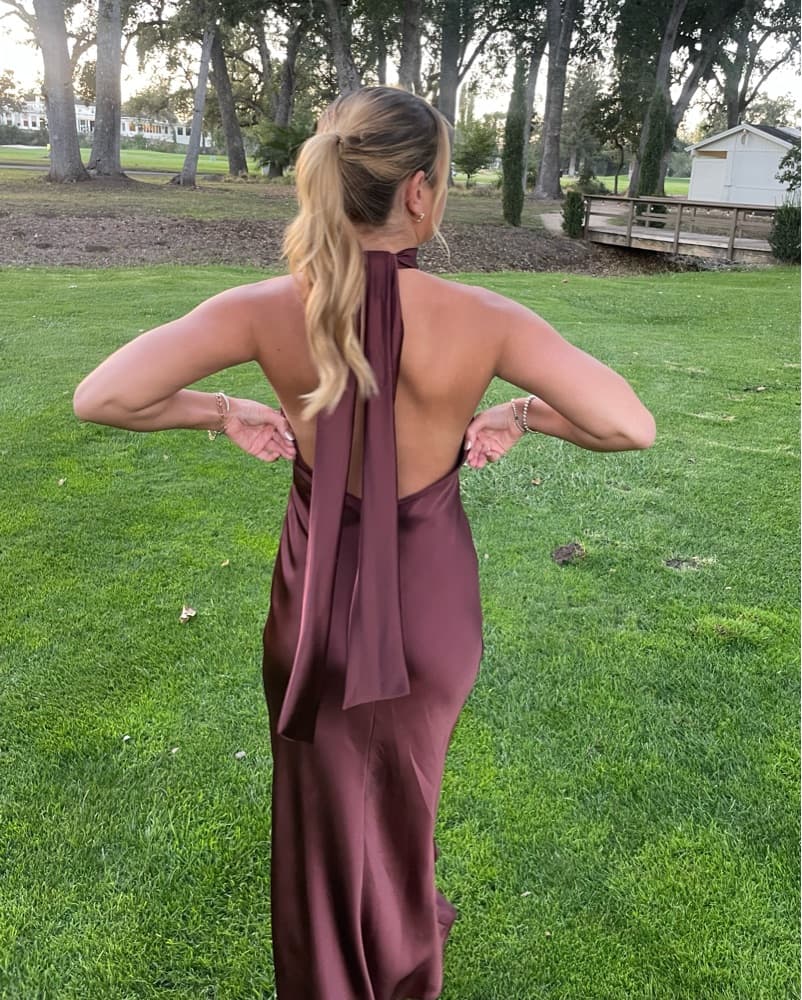 Burgundy Satin Halter Gown - Image 4