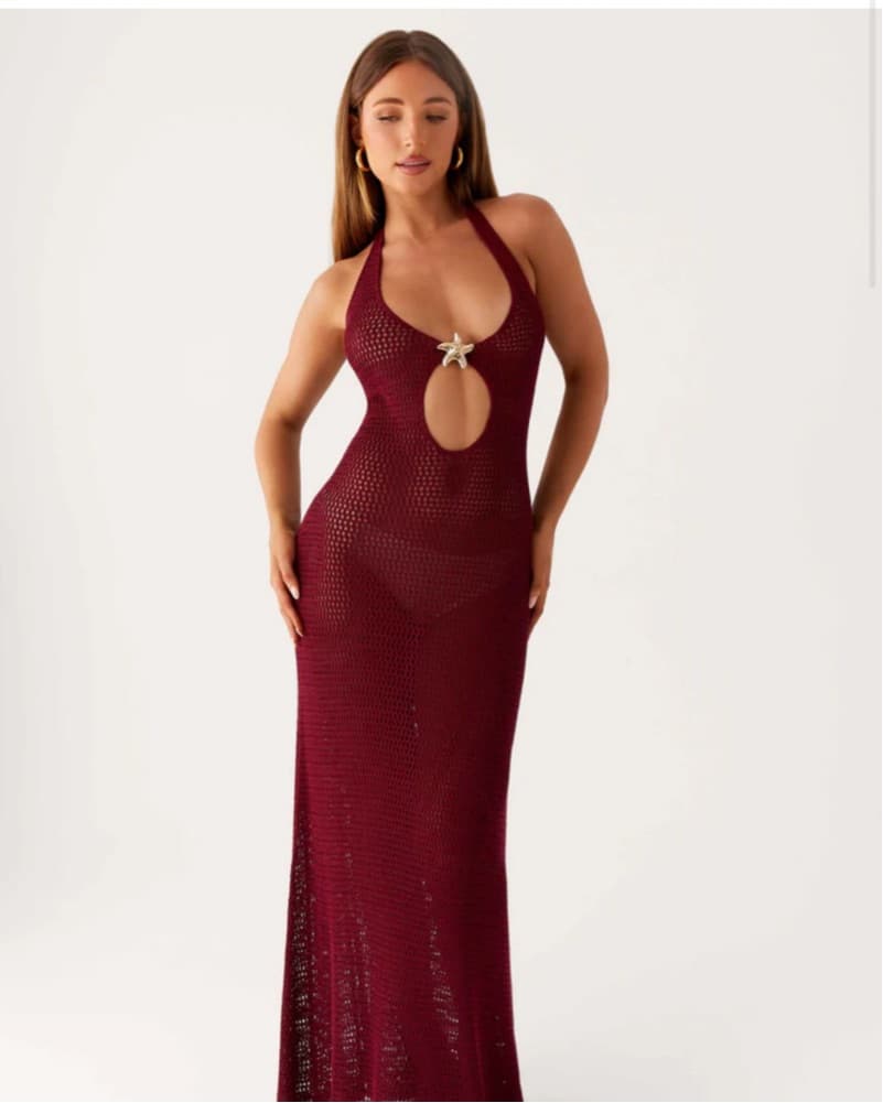 Stunning Burgundy Halter Crochet Dress - Image 3