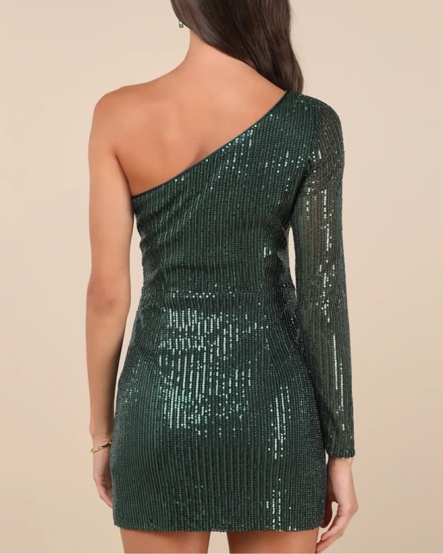 Emerald Sequin One-Shoulder Dress  - Image 3
