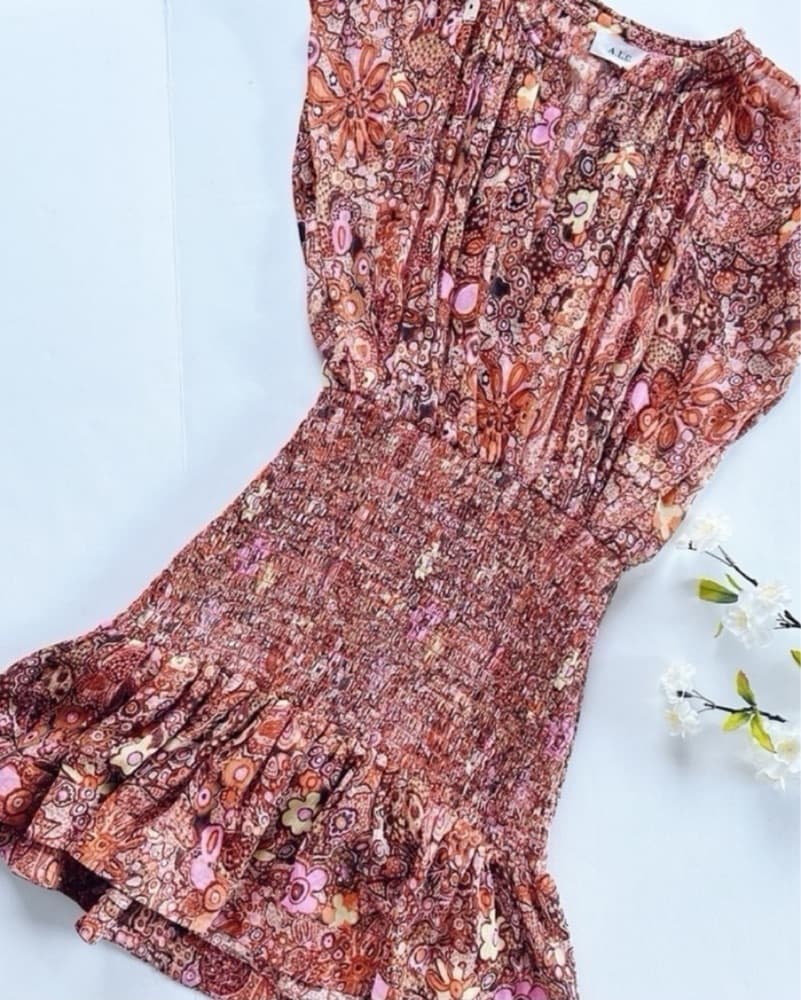 A.L.C. Silk Carly Smocked Print Dress 4 - Image 3