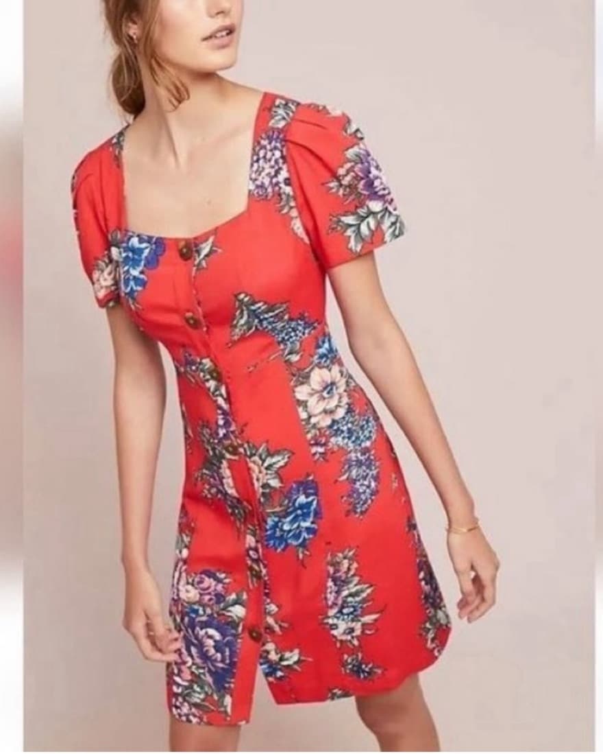 Red Floral Print Button Front Dress - Image 2