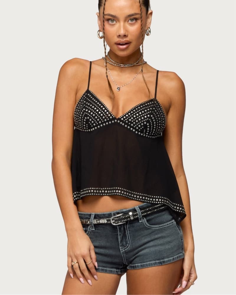 Studded Asymmetric Sheer Baby Doll Top - Image 1