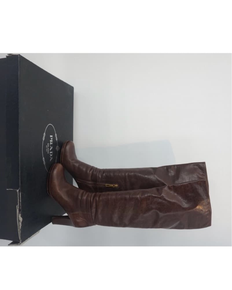 Prada Brown Leather Knee-High Boots Heel - Image 6