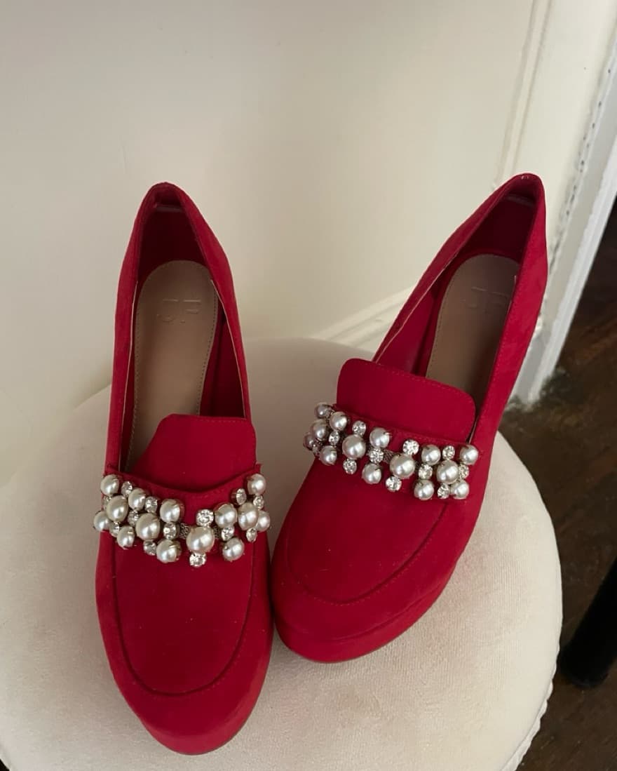 Radiant Red Velvet Embellished Pumps - Image 4