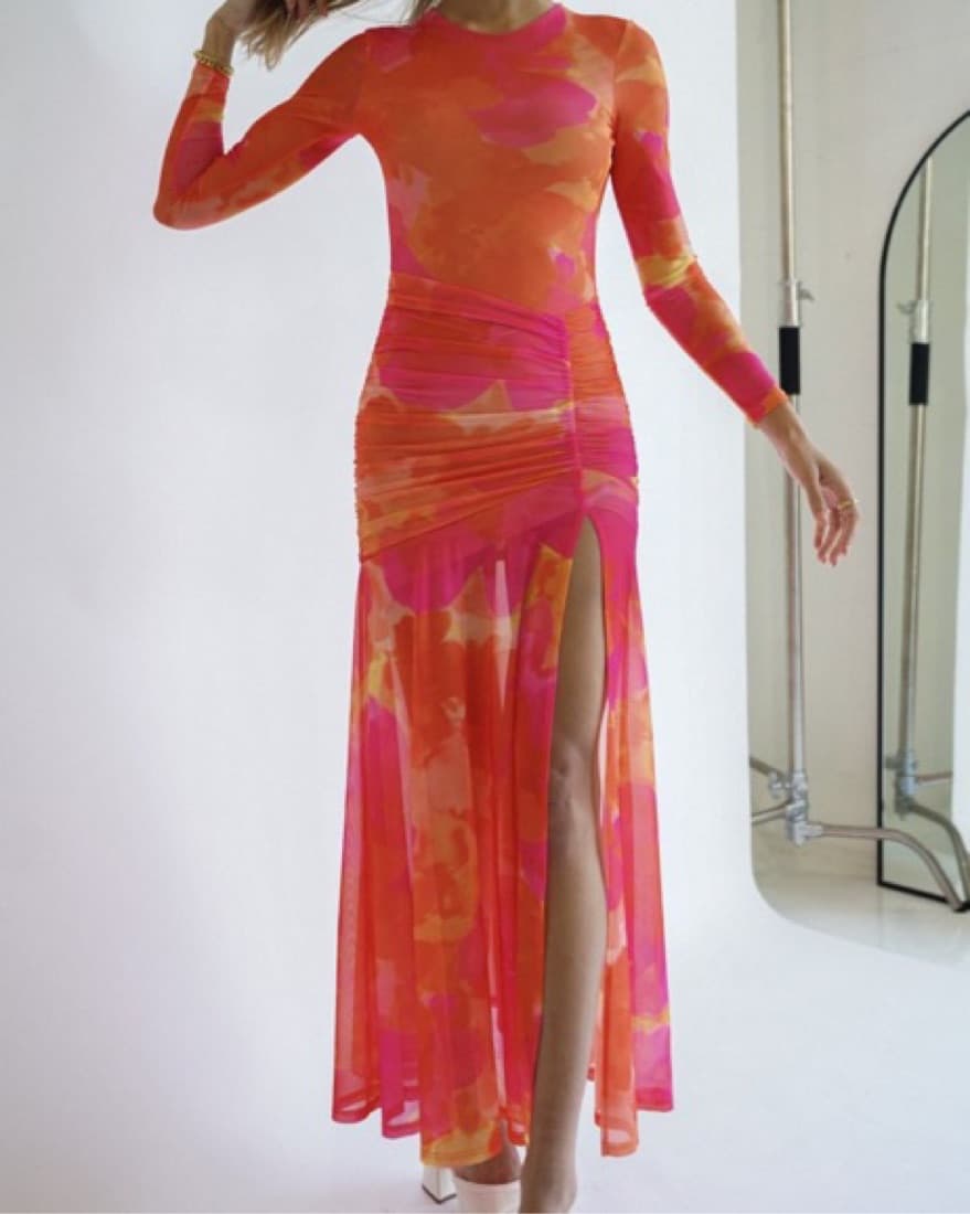 Orange and Pink Floral Maxi Dress w Slit - Image 2