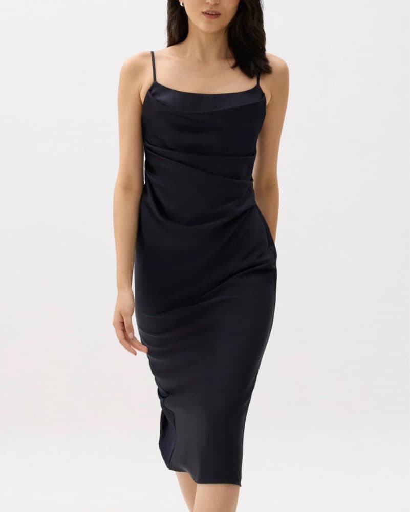 Satin Padded Drape Midi Blue Dress - Image 1