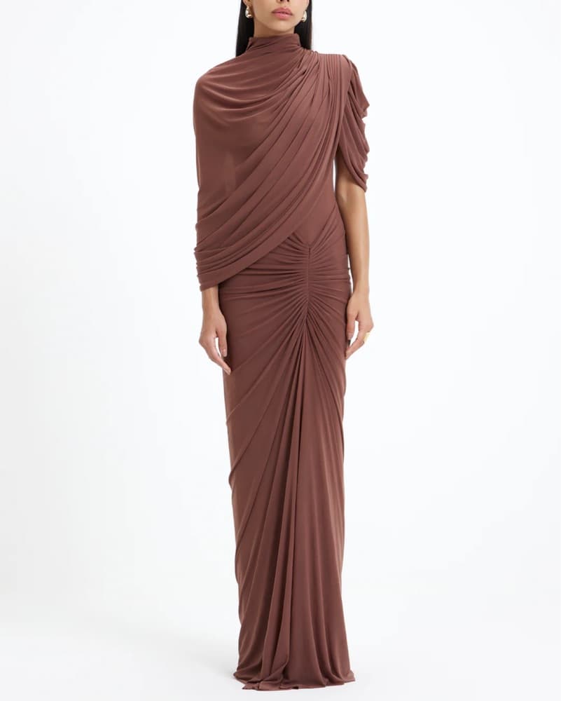 Mocha / Red Maxi Draped Formal Dress - Image 1