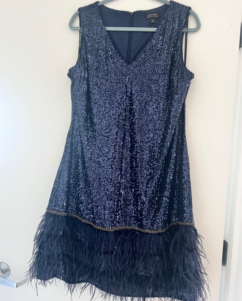 Navy Sequin dress with Feather Trim - Image 5