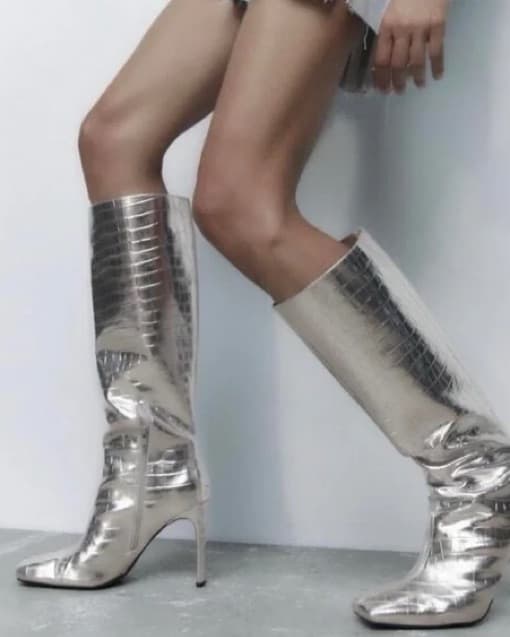 Zara - Silver Crocodile Knee-High Boots - Image 1