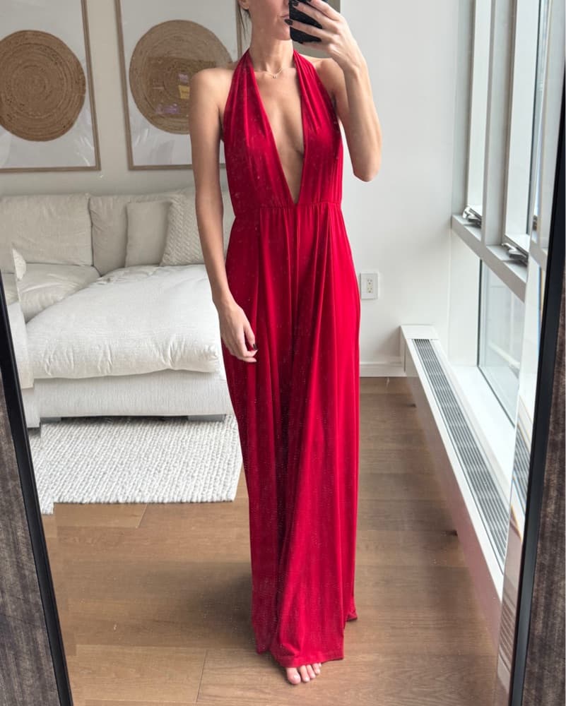 Red Halter Open Back Jumpsuit - Image 1