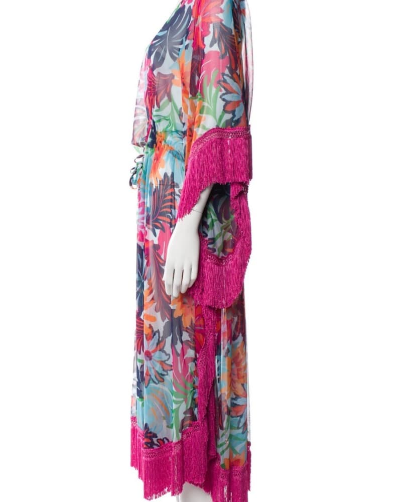 Ramy Brook Floral Pink Fringe Kaftan S/M - Image 2