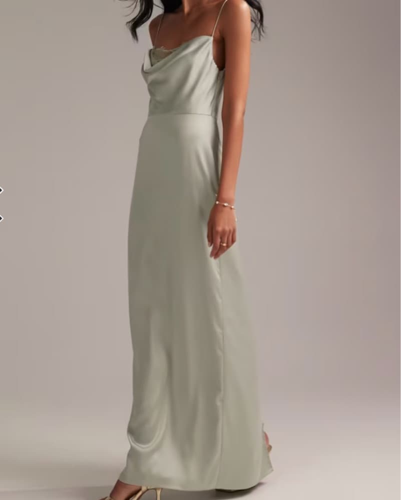 Light Green Satin Maxi Dress with Lace - Image 1