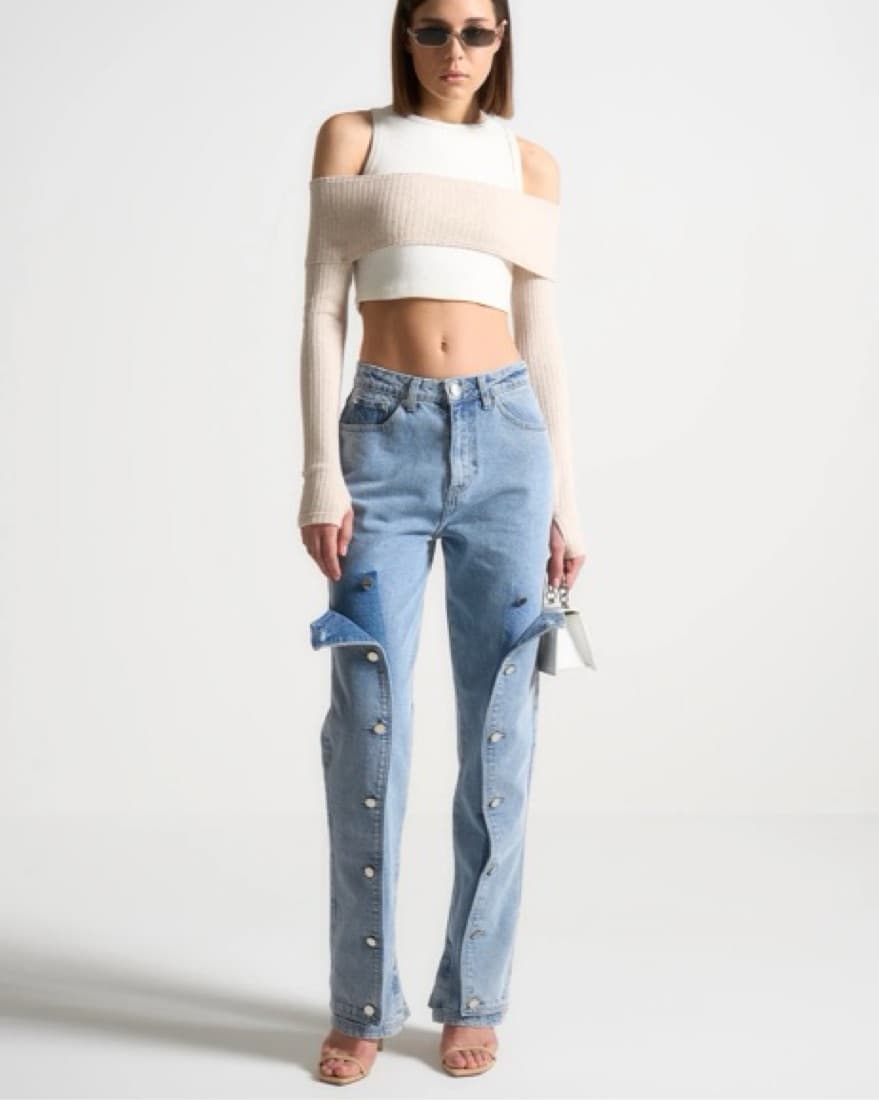 Button Down Overlay Mom Jeans - Mid Blue - Image 2