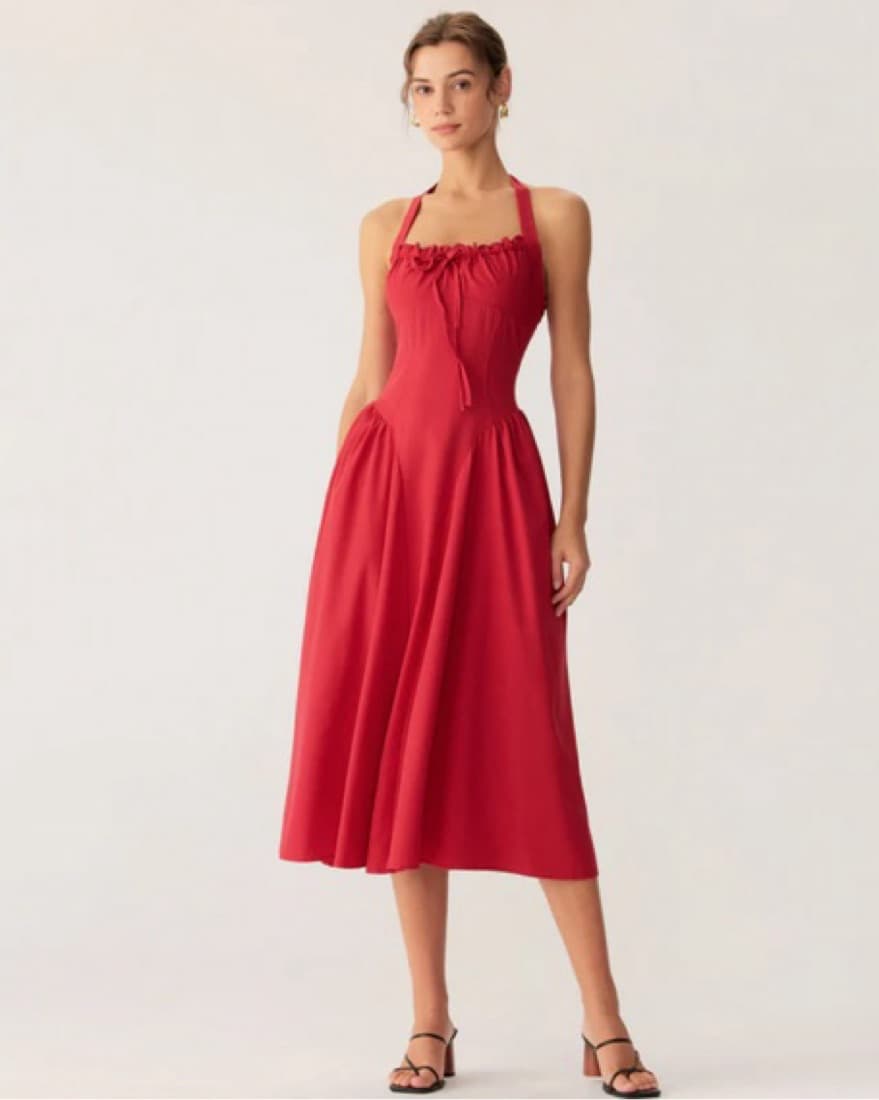 Red Ruched Halter Midi Dress (XS) - Image 2