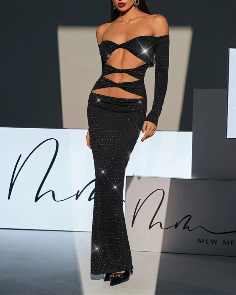 Black Long Sleeve Studded Cutout Gown - Image 2