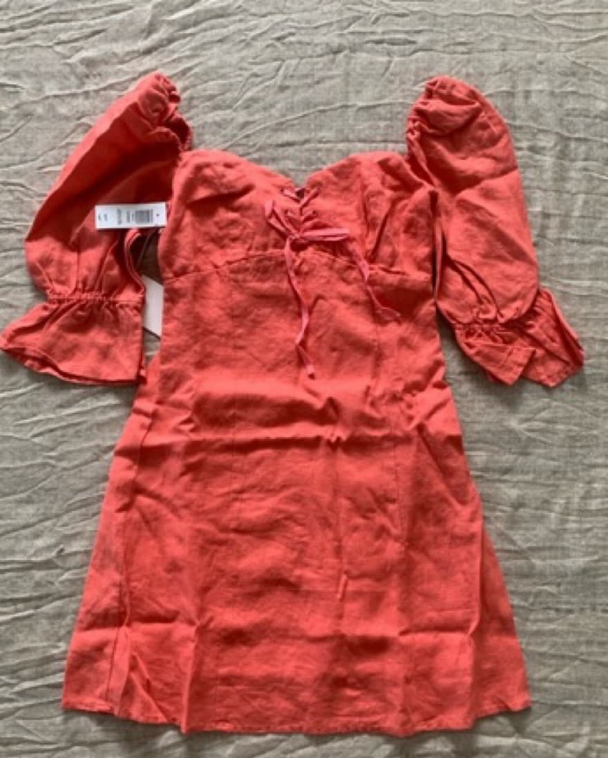 Peach Puff Sleeve Linen Mini Dress - Image 4