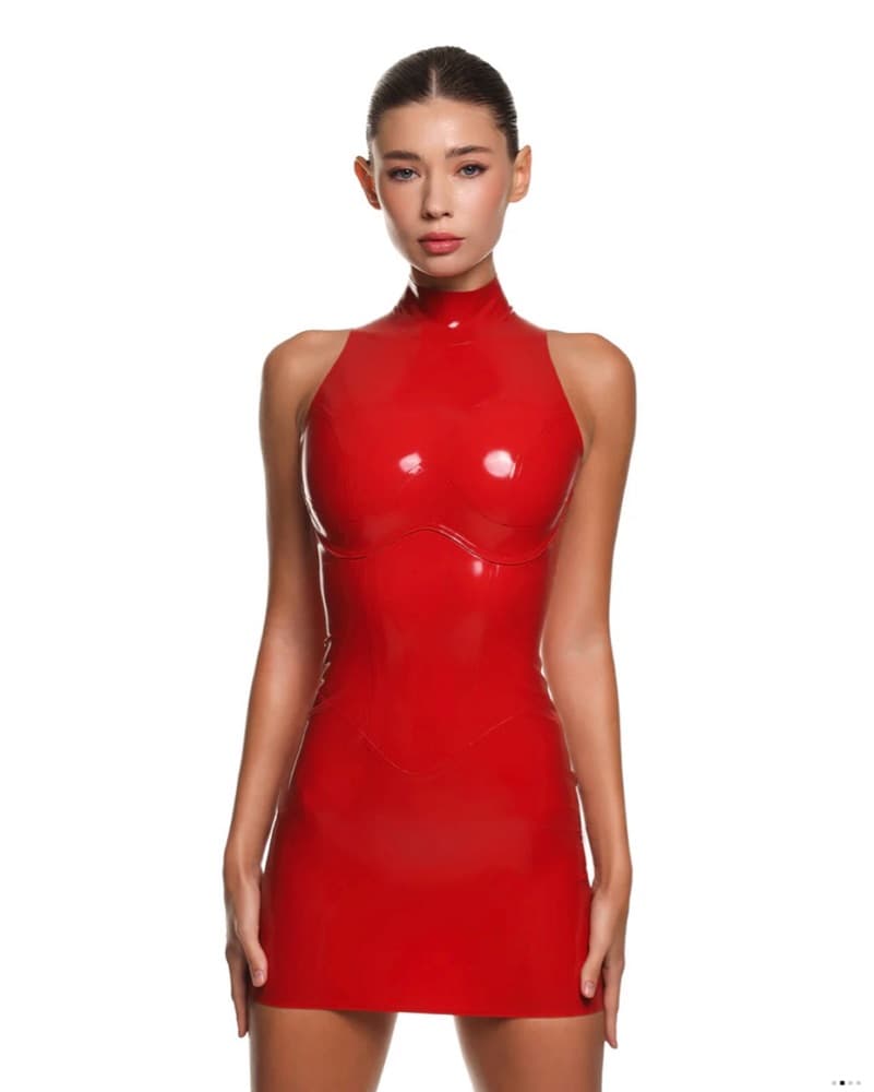 Scarlet Red Latex Mini Dress - Image 3