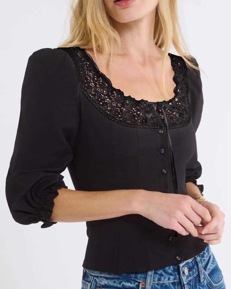 Elegant Black Lace Puff Sleeve Blouse - Image 3