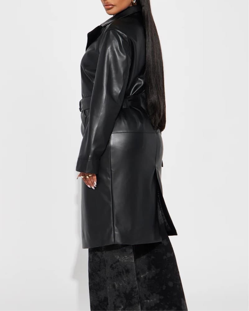 Sleek Faux Leather Trench Coat - Image 2