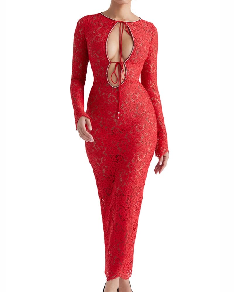 HOUSEOFCB Crystal Trim Red Lace Dress - Image 1