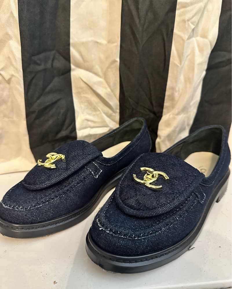 Chanel Denim Loafers with Gold Logo - Image 1