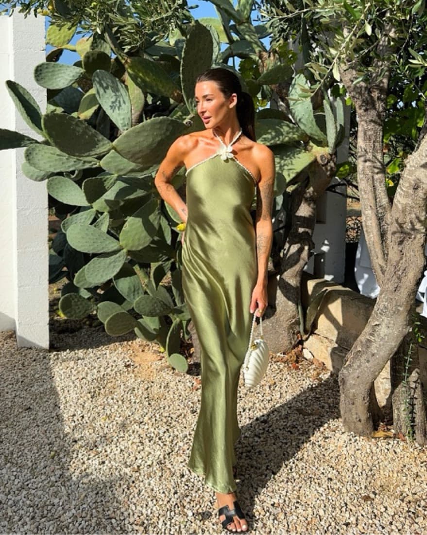 Custom Green Gown With Pearl Detailing - Image 1