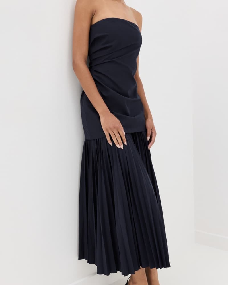 ALC Strapless Navy Pleated Midi Dress - Image 4