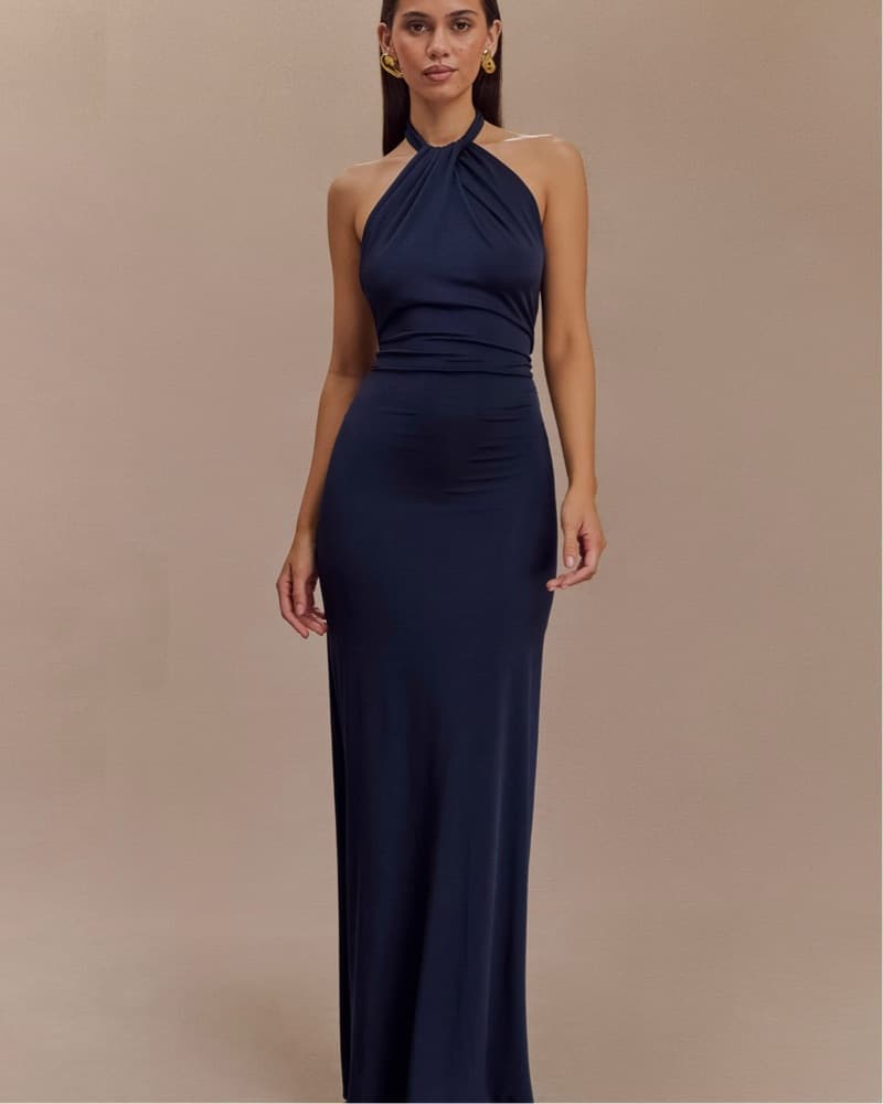 Sleek Navy Halter Maxi Dress - Image 1