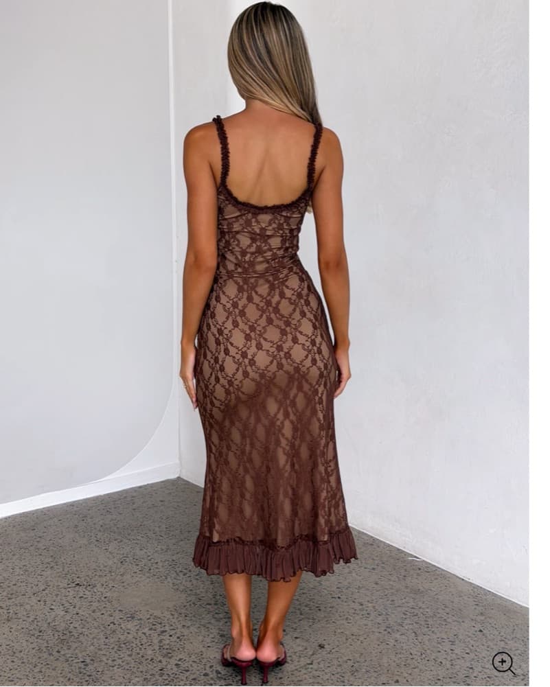 Brown Lace Midi Dresss w/ Ruffle Detail - Image 3