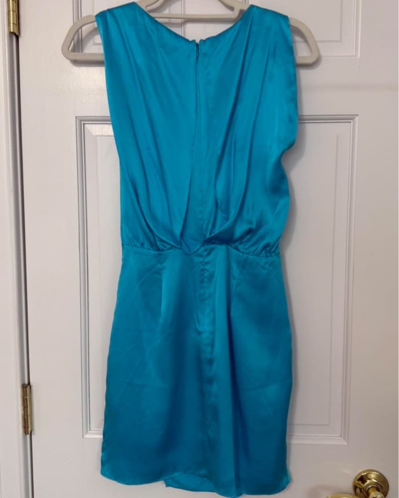 Vibrant Teal Satin Draped Dress - Image 3