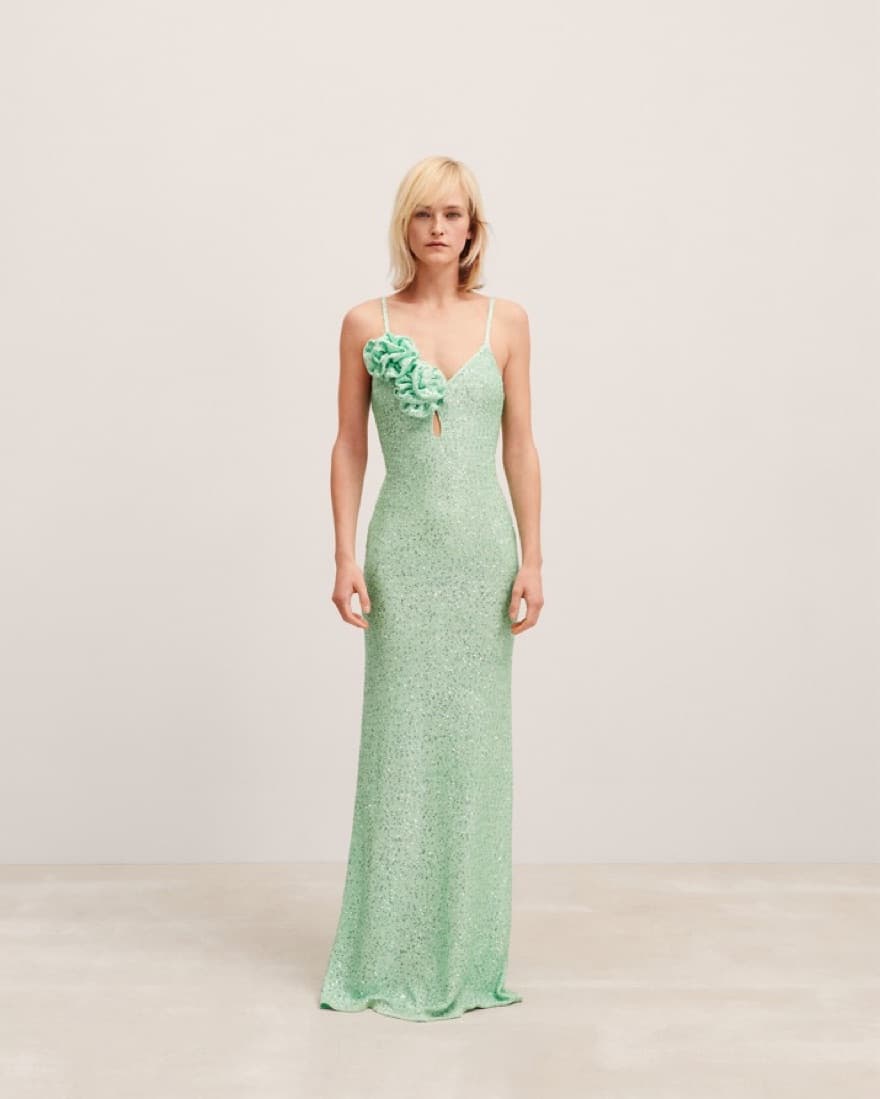 Teal Sparkly Dress With Flowers - Image 1