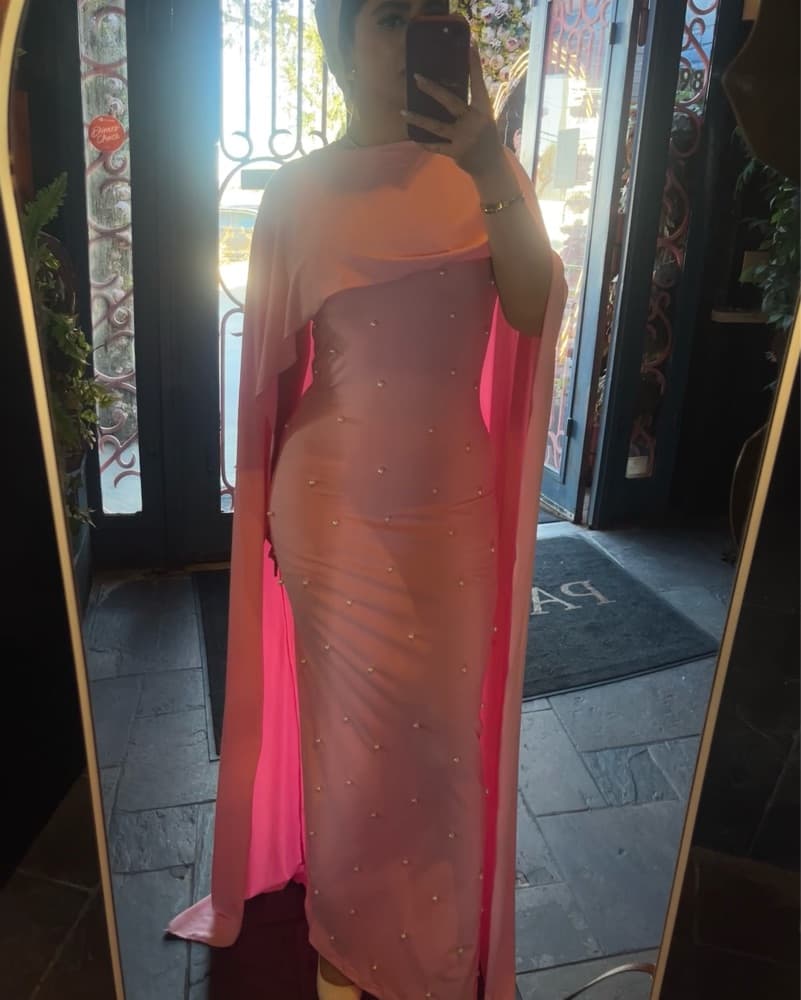 Long Pink Cape Dress Modest - Image 3