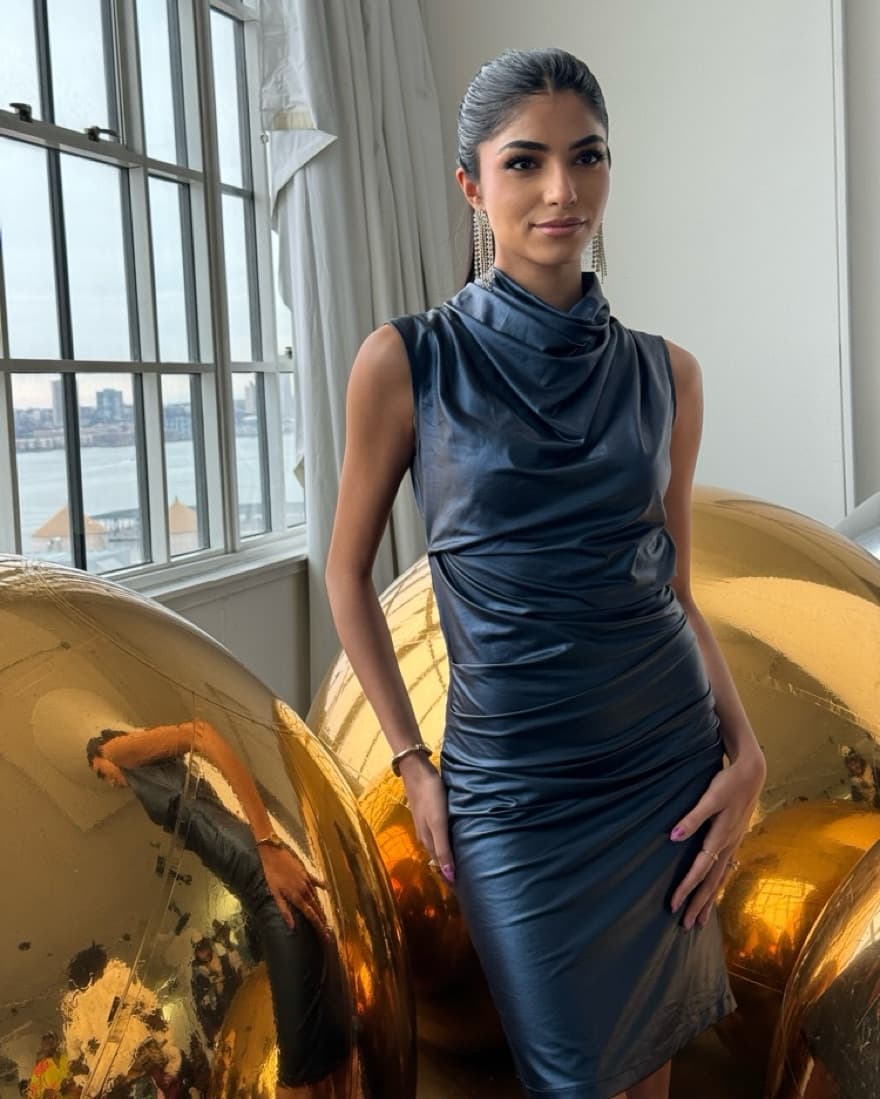  Blue Metallic Drape Wet Look Dress - Image 2