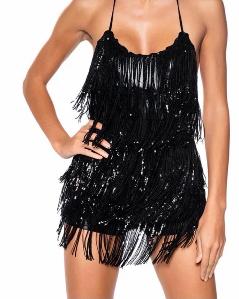 Black Sequin Fringe Playsuit  - Image 2