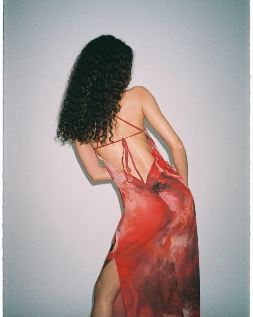 Semi Sheer Red Floral Chiffon Gown - Image 2