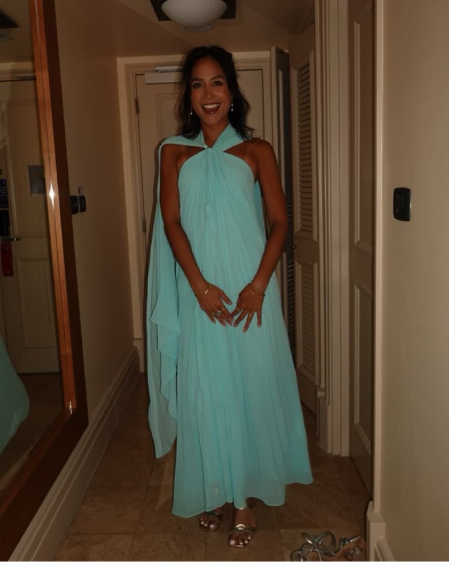 Turquoise Draped Dress with Cape - Image 5