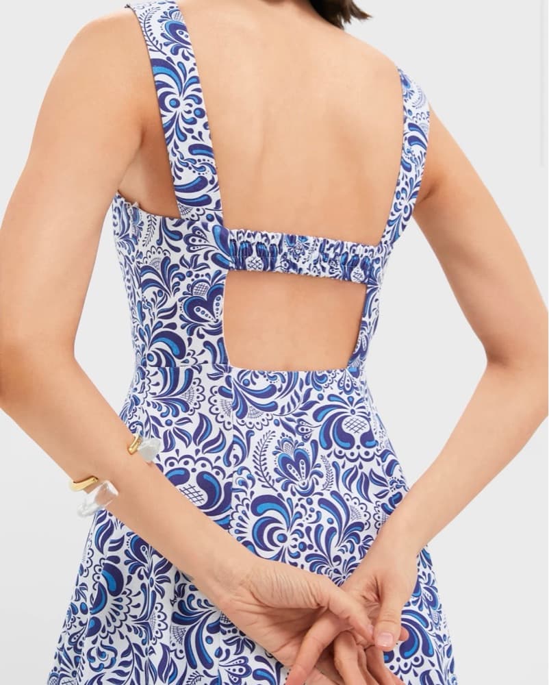 Blue Linen Floral Open Back Maxi Dress - Image 2