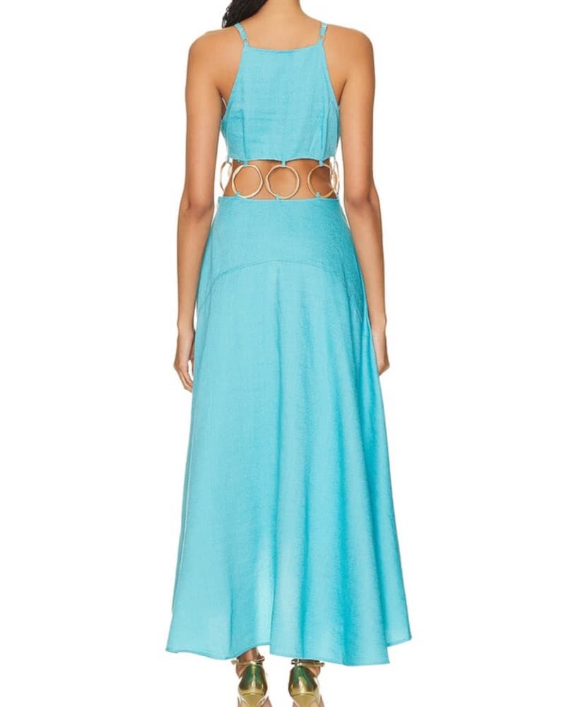 Vibrant Turquoise Halter Dress with Circular Cutouts - Image 3