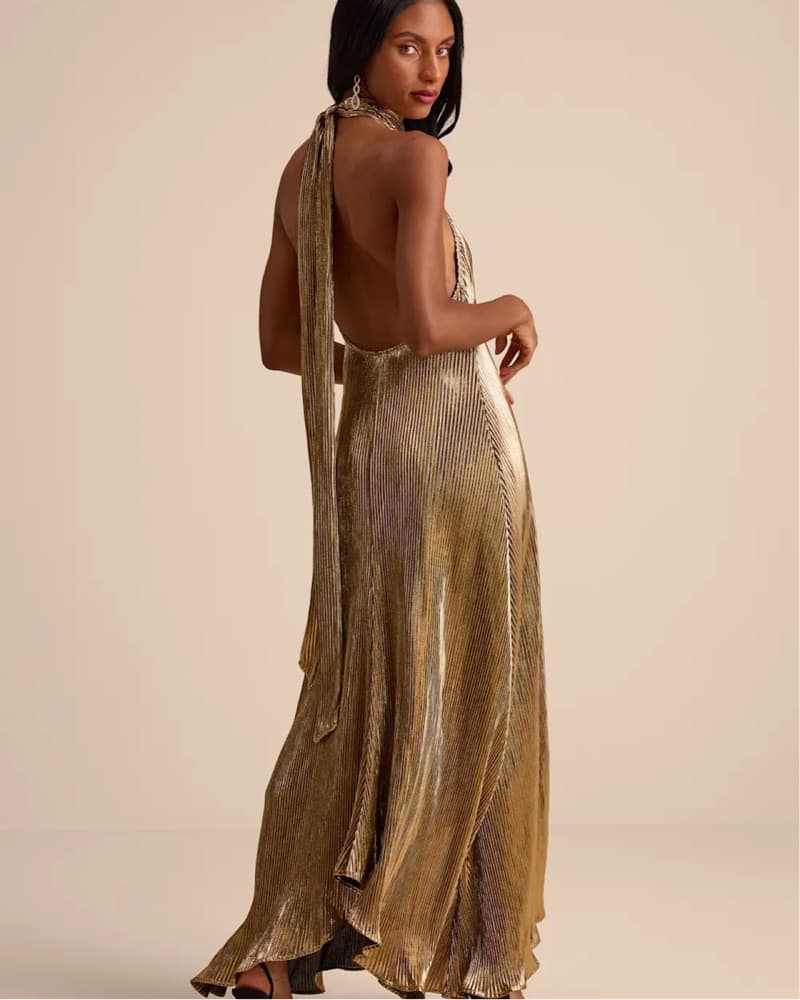 Shimmering Pleated Gold Gown - Image 1
