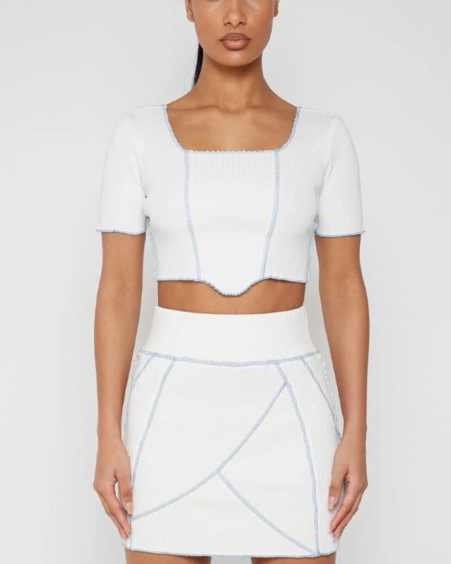 Ribbed Raw Hem Set Mini Skirt/ Crop  - Image 1