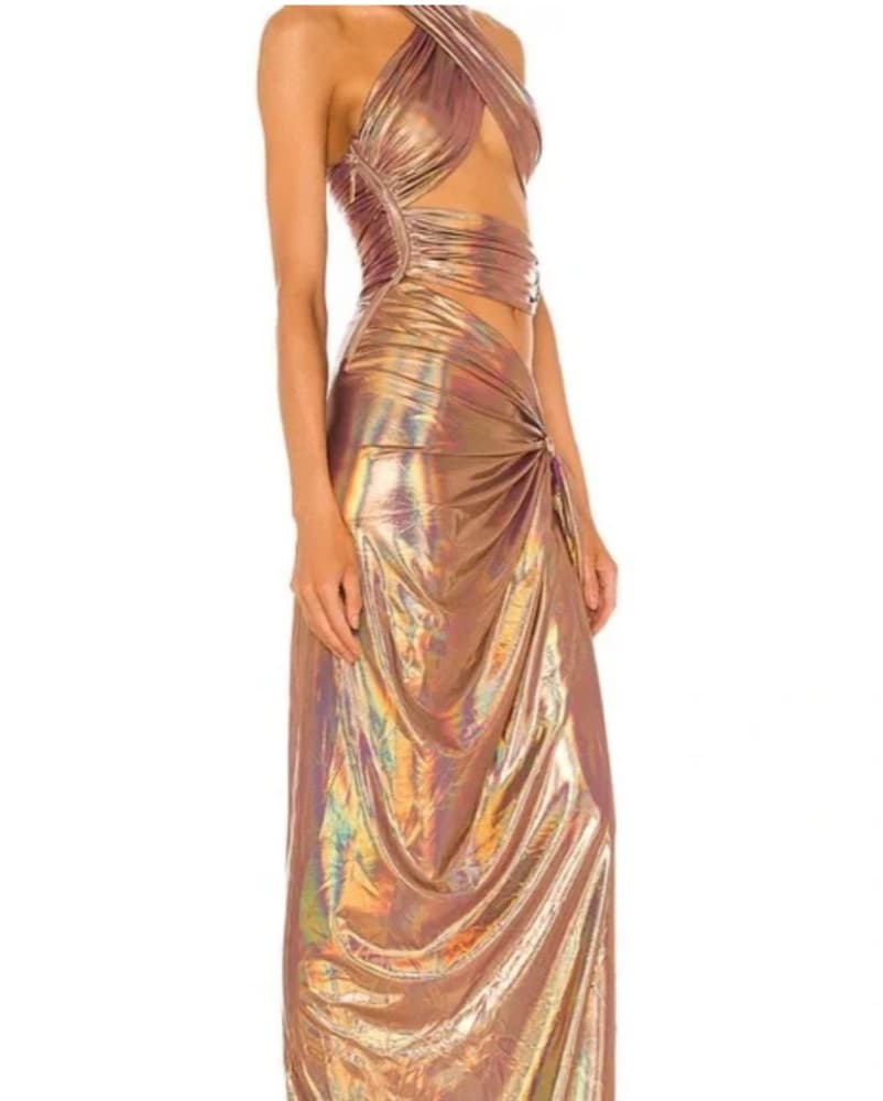 Purple Metallic Cutout Halter Neck Gown  - Image 2