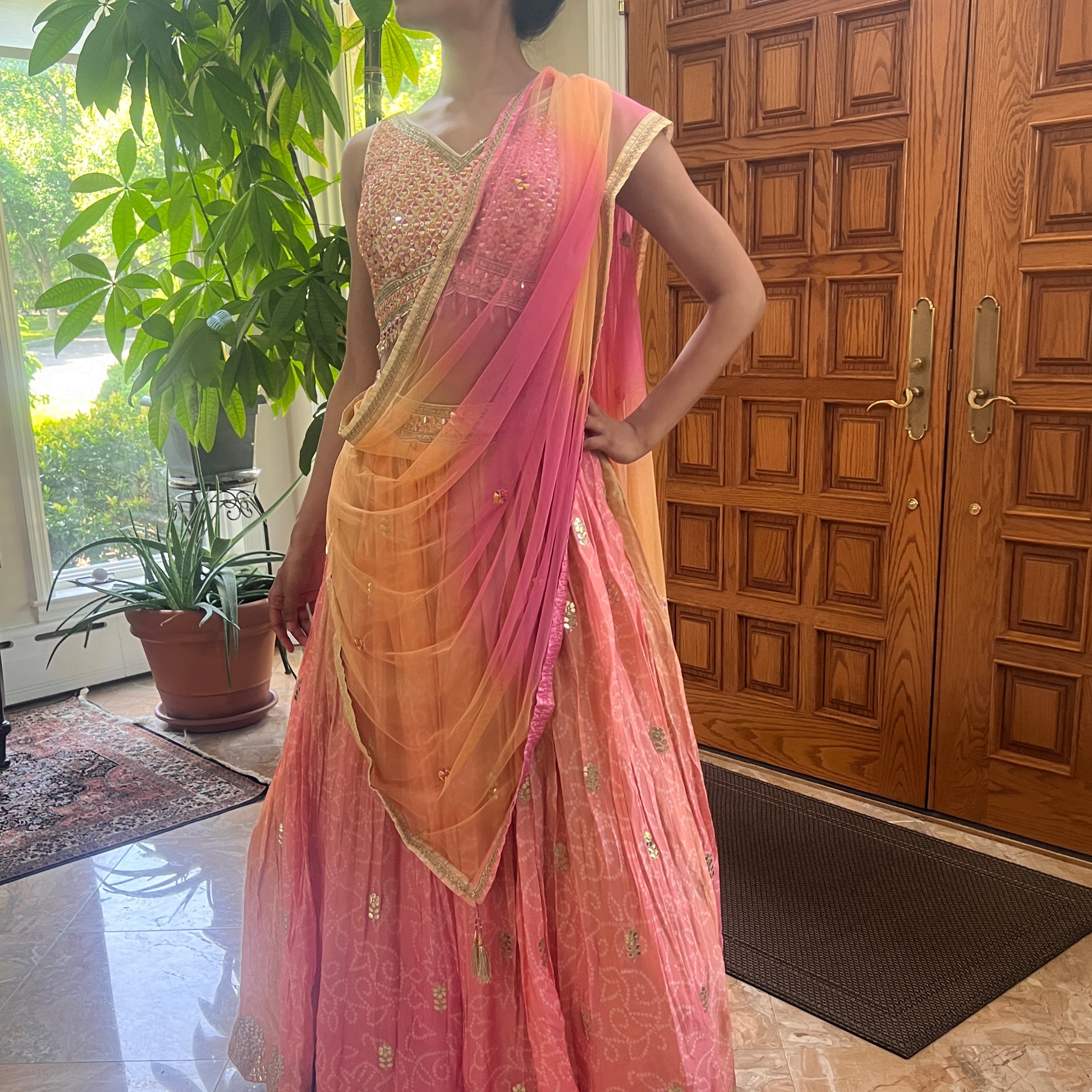Sunset Gold Beaded Indian Lehenga - Image 3