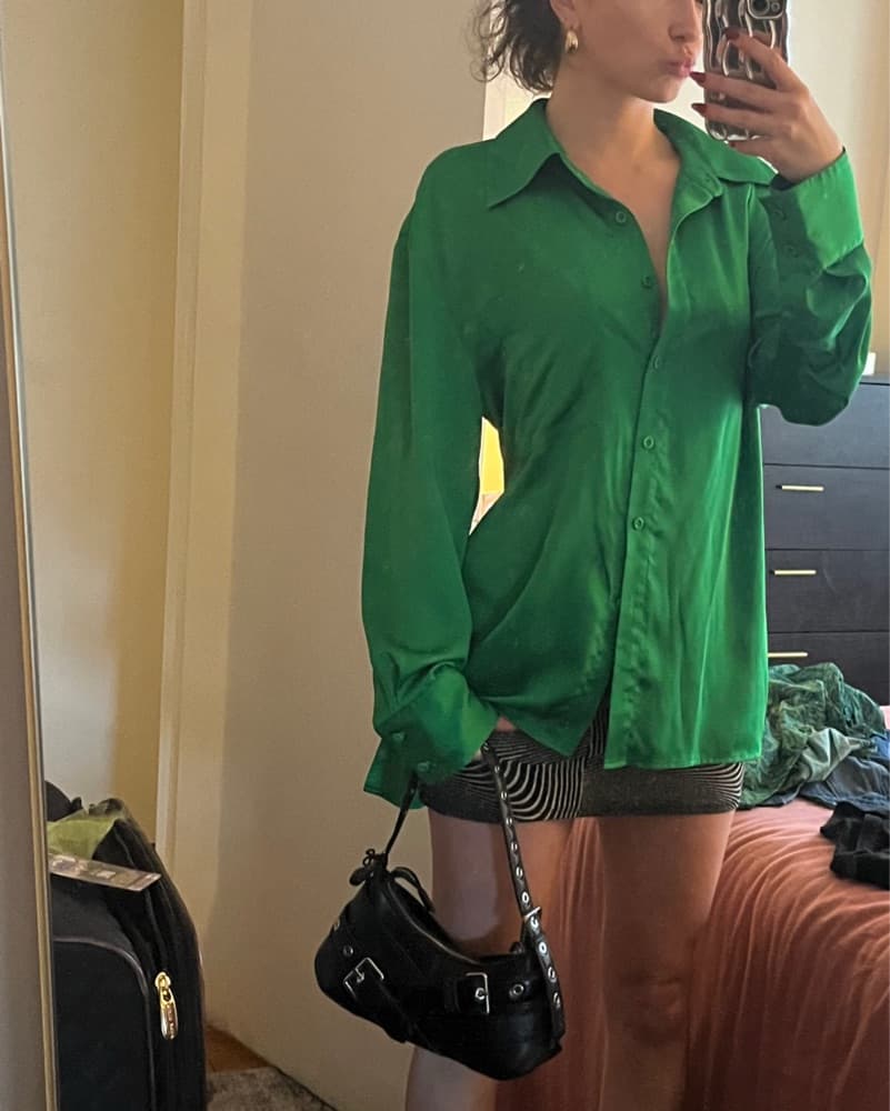Green Silk Long Sleeve Button Down - Image 1